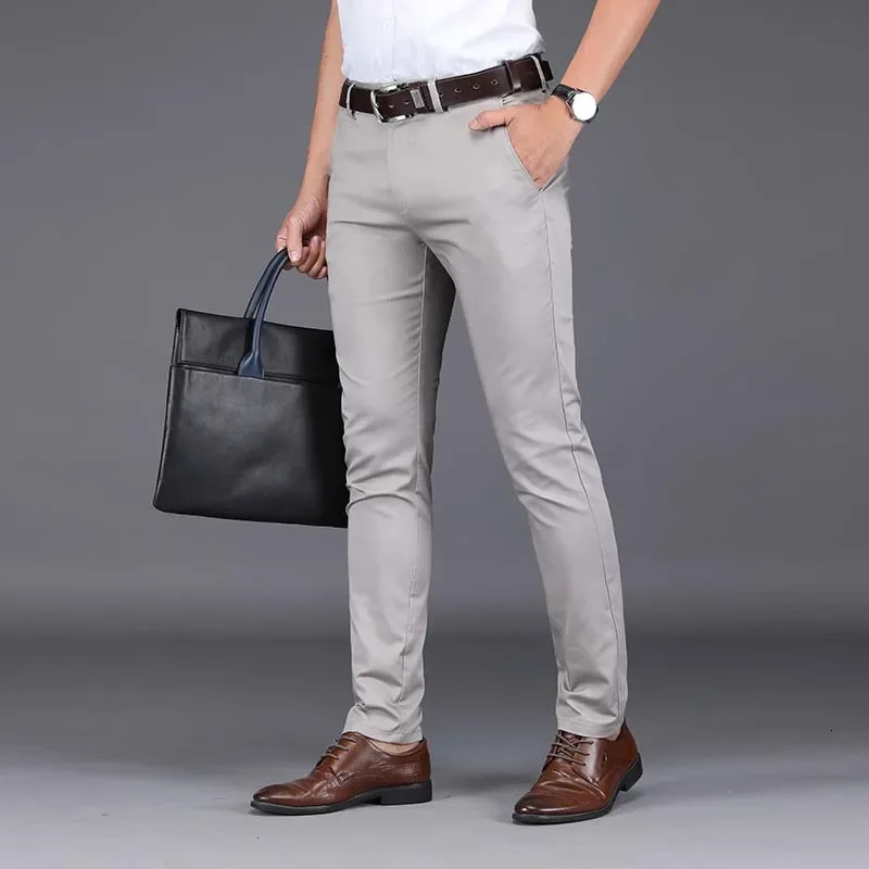 Summer Ultrathin Mens Ice Silk Casual Pants Soft Comfortable Solid Color Elastic Business Straight Trousers Man Navy Blue 240806