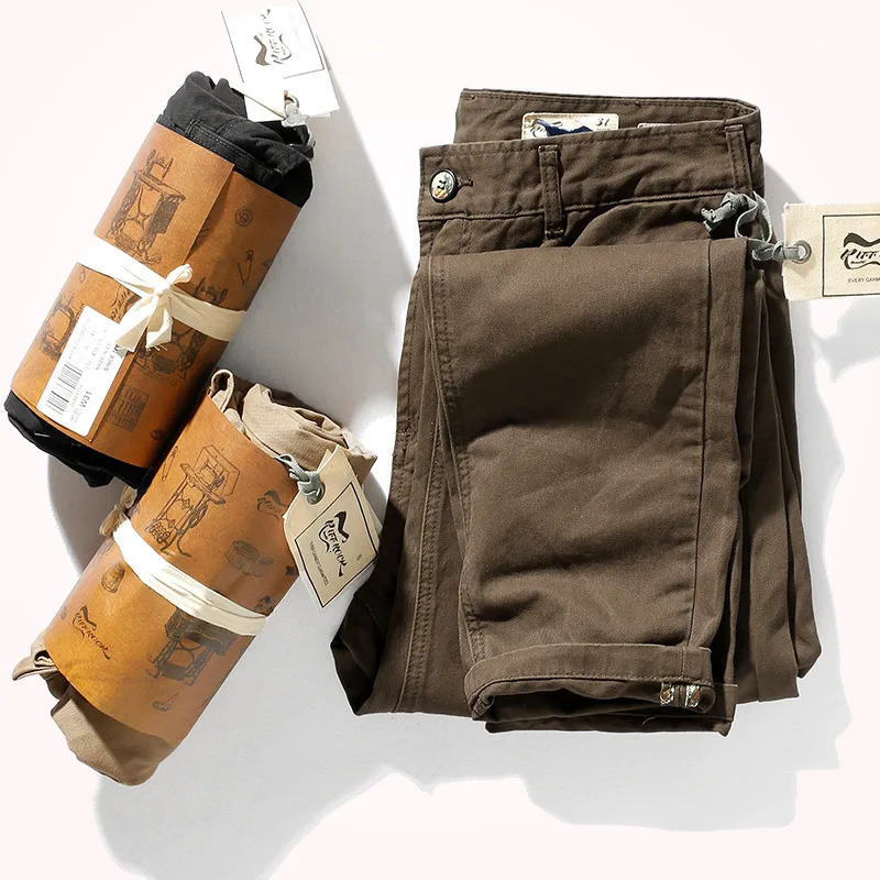 Autumn and Winter American Retro Heavyweight Woven Twill Casual Pants Mens Pure Cotton Washed Old Straight Tapered Trousers 240806