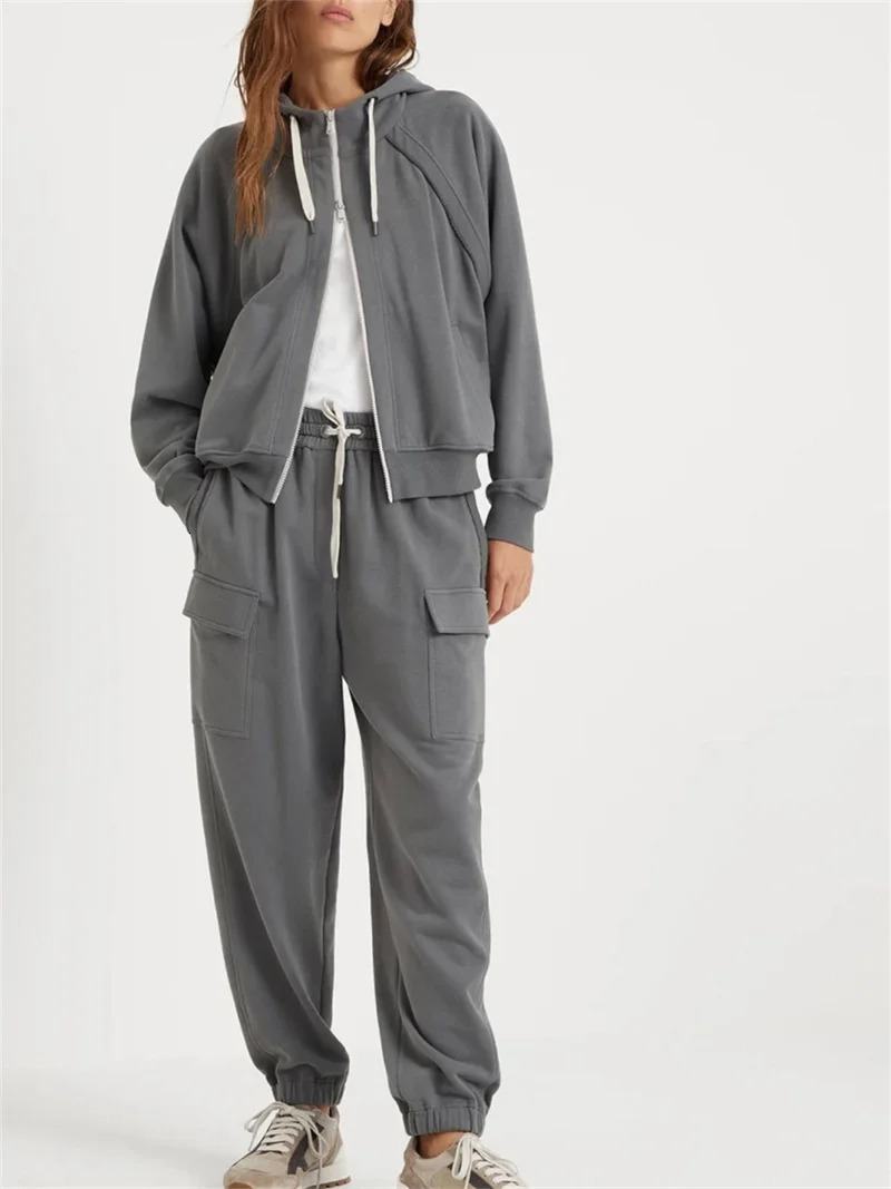 Women 100% Cotton Beading Chain Sports Suit Hooded Zipper Drawstring Sweatshirt or Elastic Waist Sweatpants Autumn 240807