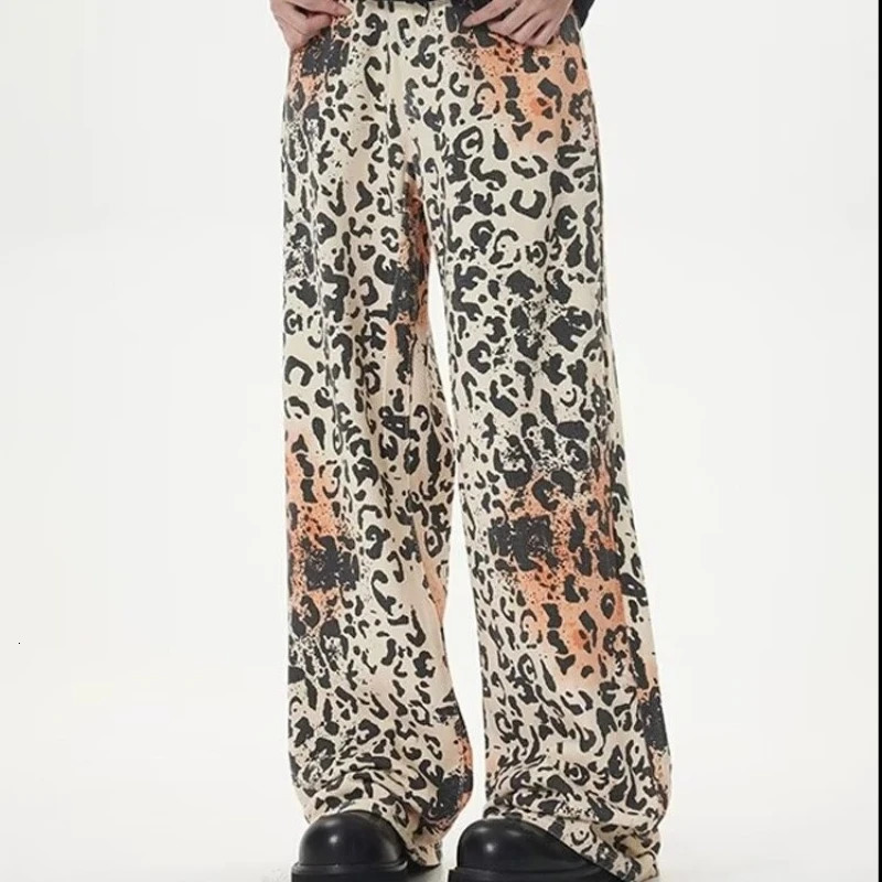 High Street Retro Jeans Mens Washed Old Leopard Print Full Cowboy Trousers Hip Hop Straight Wide Leg Denim Overalls Summer 240806