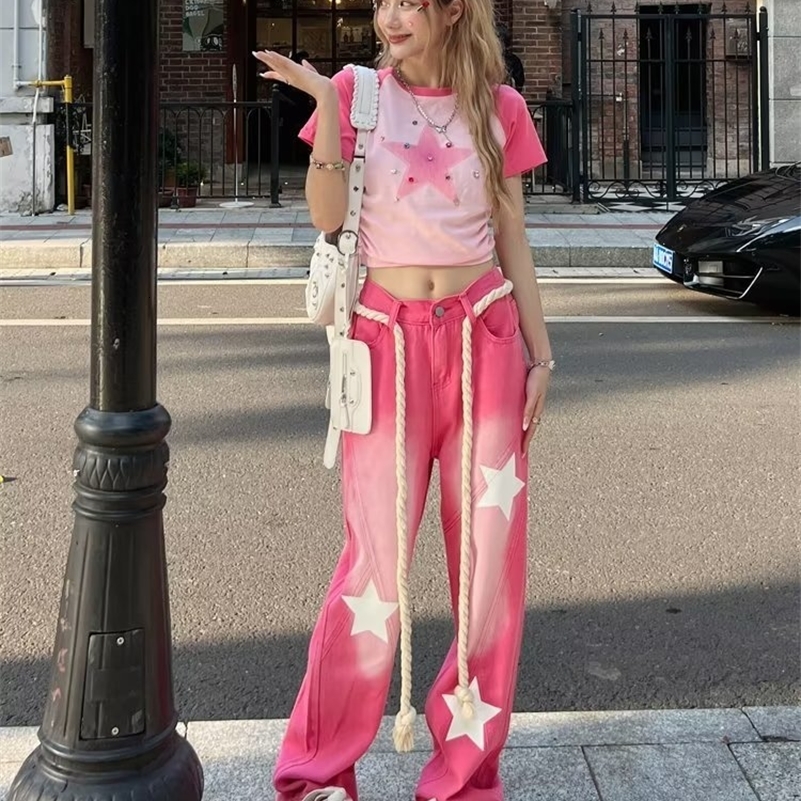 Pink Y2k Baggy Jeans Vintage Drawstring Women American Style Star Printing Womens Streetwear Denim Pants High Waist Trousers 240806