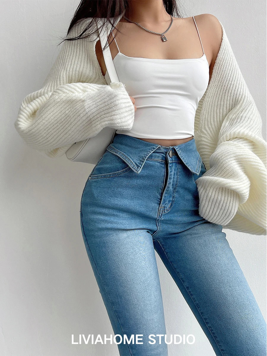 Skinny Tight Stretch Flare Jeans Denim Pant with Turndown Collar high waist y2k pants elegant slim slight bootcut bell bottom 240807