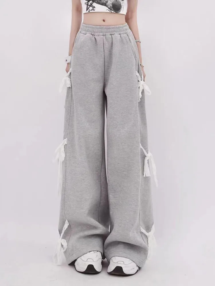 Womens Grey Lace Lace-up Pants Vintage Y2k Harajuku 90s Aesthetic Sweatpants Retro High Waist Wide Trousers 2000s Clothes 240821
