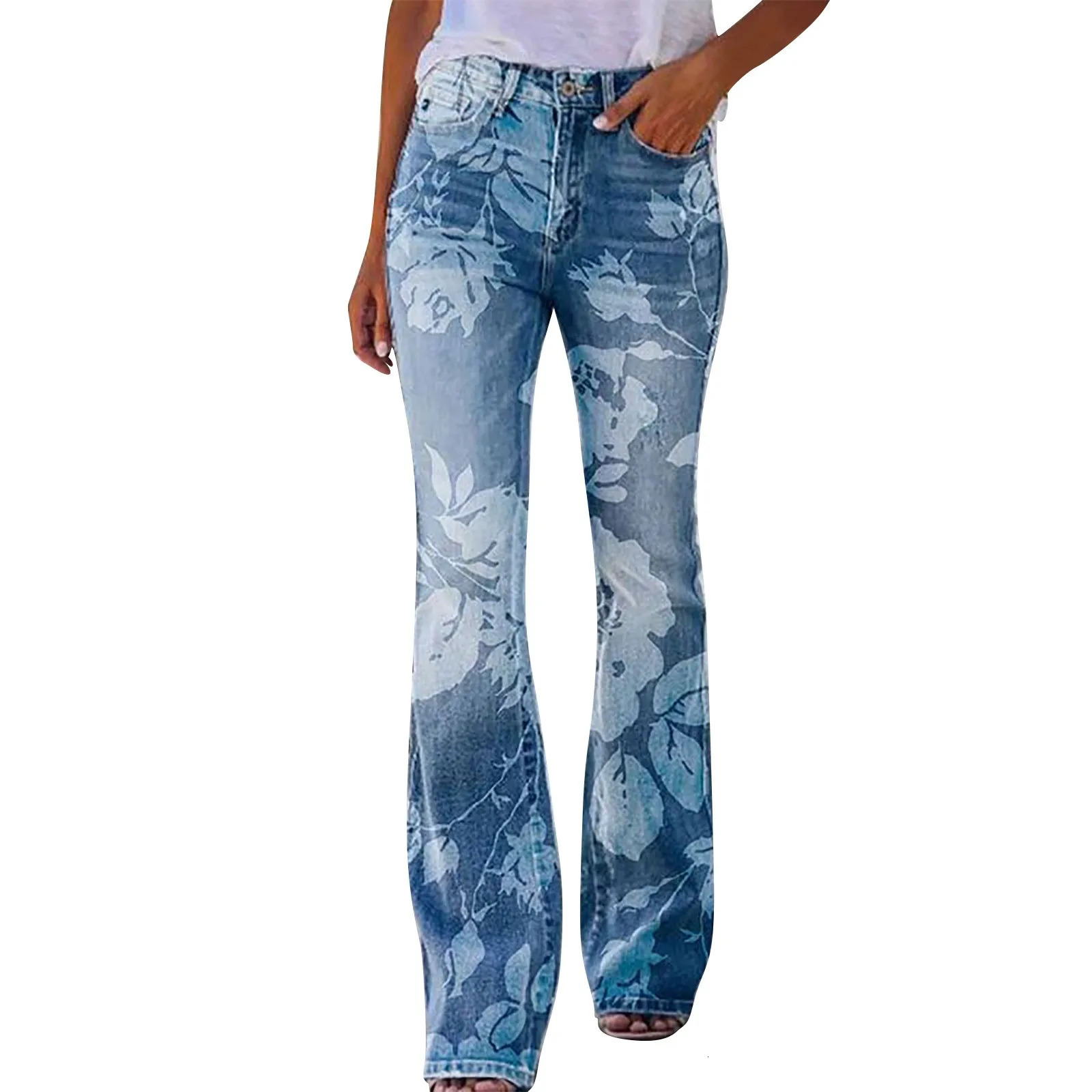 Floral Print Y2K Flare Jeans Aesthetic Retro Denim Pants for Women Sweatpants Streetwear Harajuku Casual Bell Bottom Pants Women 240807