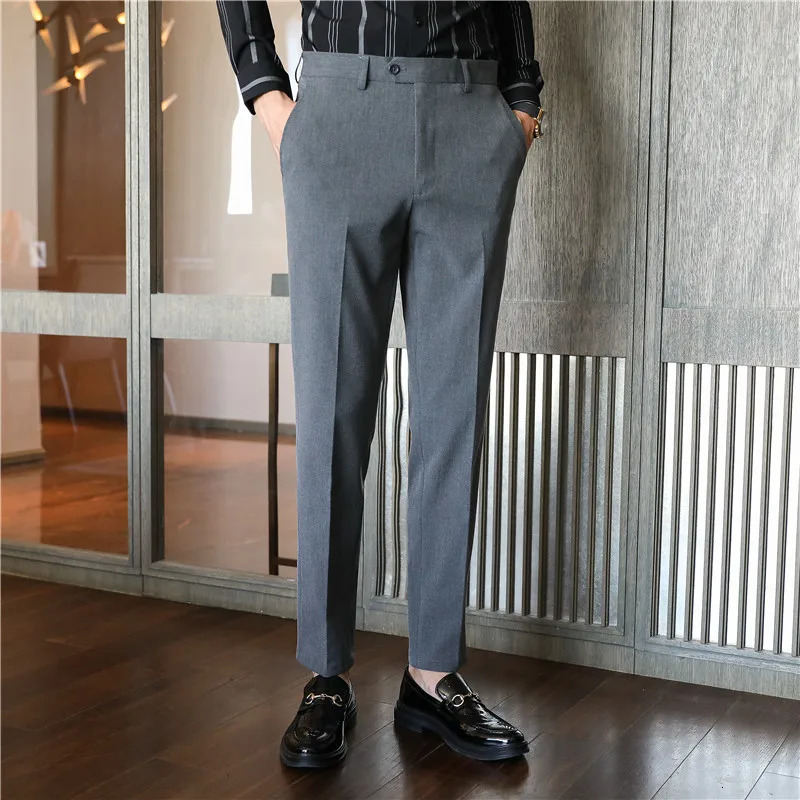 Men Noniron fabric Slim Straight Black Casual Suit Pants Male Business pants Blue Grey Thin Formal Trousers 240806