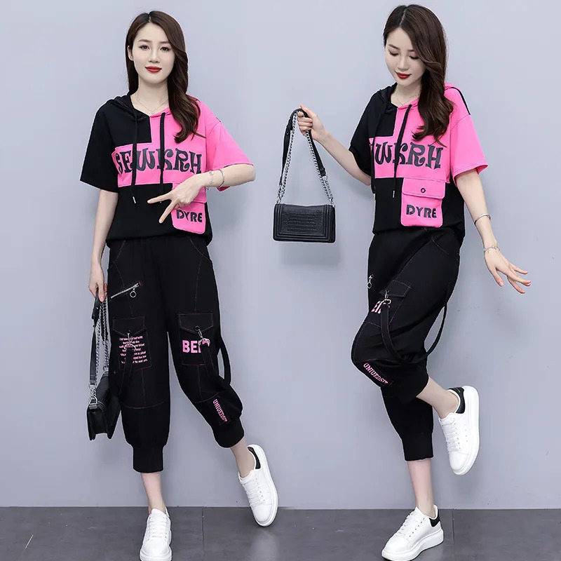 Fashion Casual Suit Female Summer Print Hooded Short Sleeve Top Casual Haren Pants Fashion Trend Sports Suit 240807