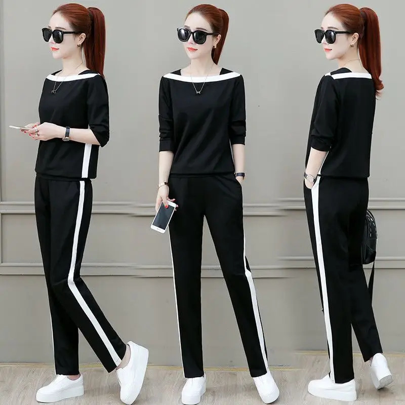 Spring and Autumn Korean Long Sleeve Casual Sports Suit Western Relaxed Slim Pants Elegant Womens Two Piece Set 240807