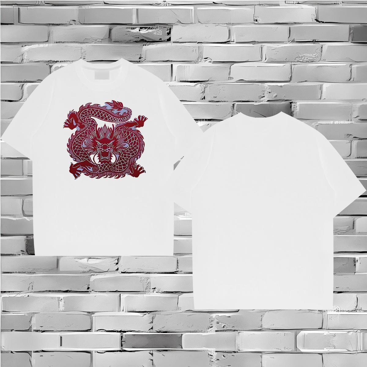Fashion T-Shirts for Men Red Chinese Dragon Tshirts 230g 100% Cotton Street wear Hip Hop Classic Anime Print Short Sleeve O-Neck Men Tops Tees