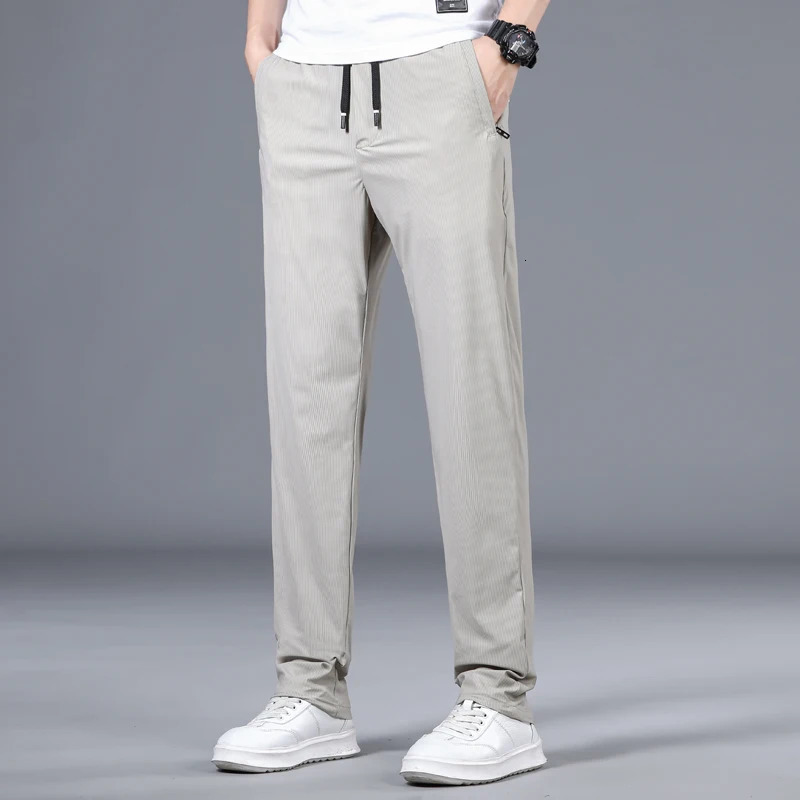 High Elastic Mens Pants Summer Thin Striped Straight Trousers Casual Soft Classic Solid Color Baggy Male Clothes Business Pant 240806