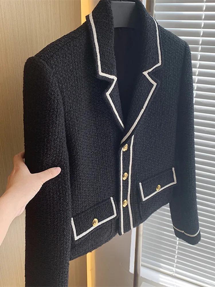 Elegant Winter Autumn Contrast Color Tweed Short Jackets Coat England Style Notched Pocket Single Breasted Wool Outwerwear 240806
