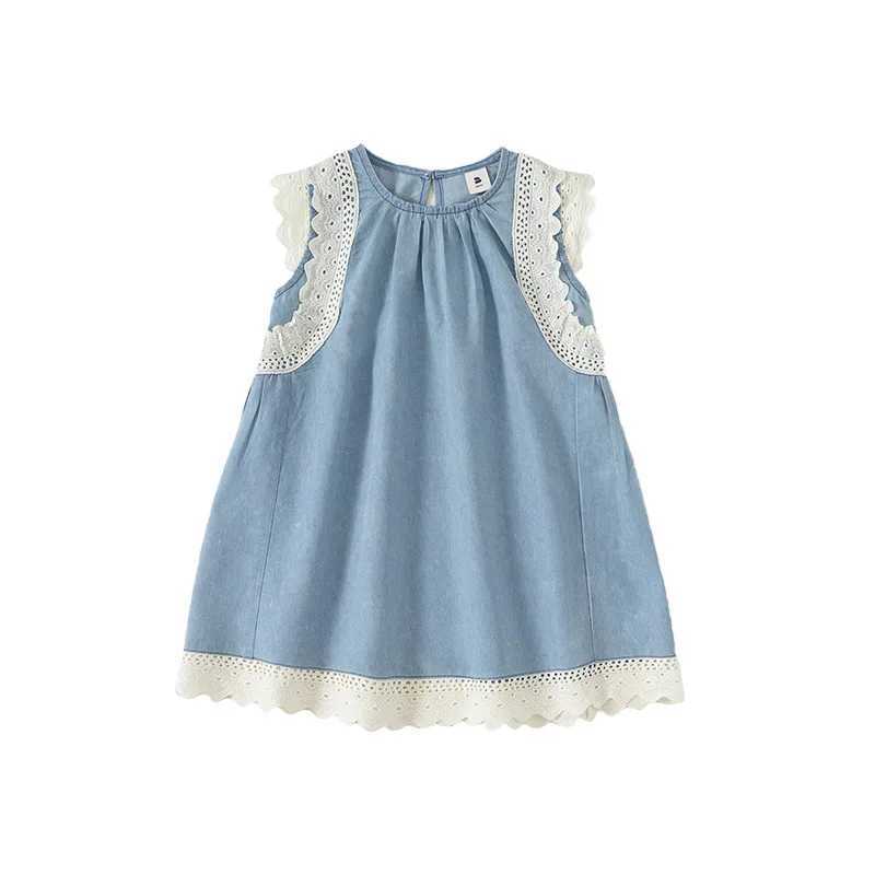 Childrens clothing without sleep fashionable and cute style denim dress lace summer dress baby clothingW240720
