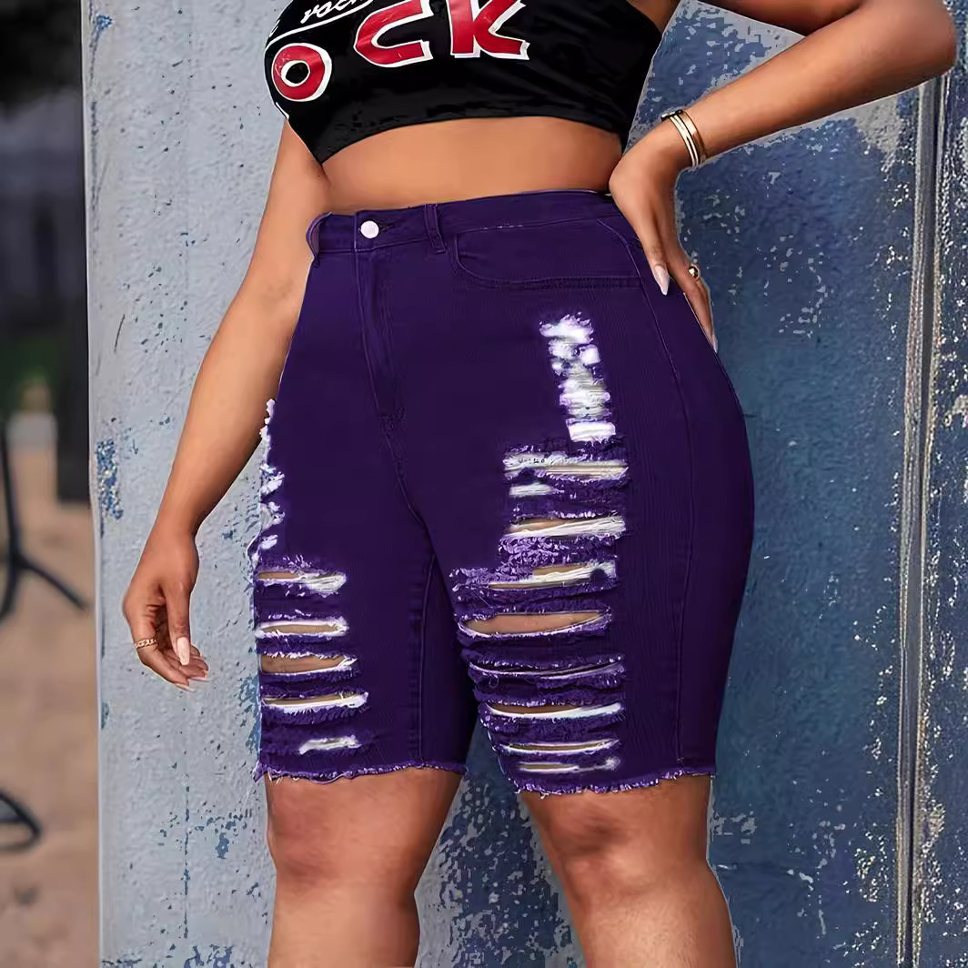 Fashion and casual plus size women's clothing with holes, high waist, washed denim shorts, shorts