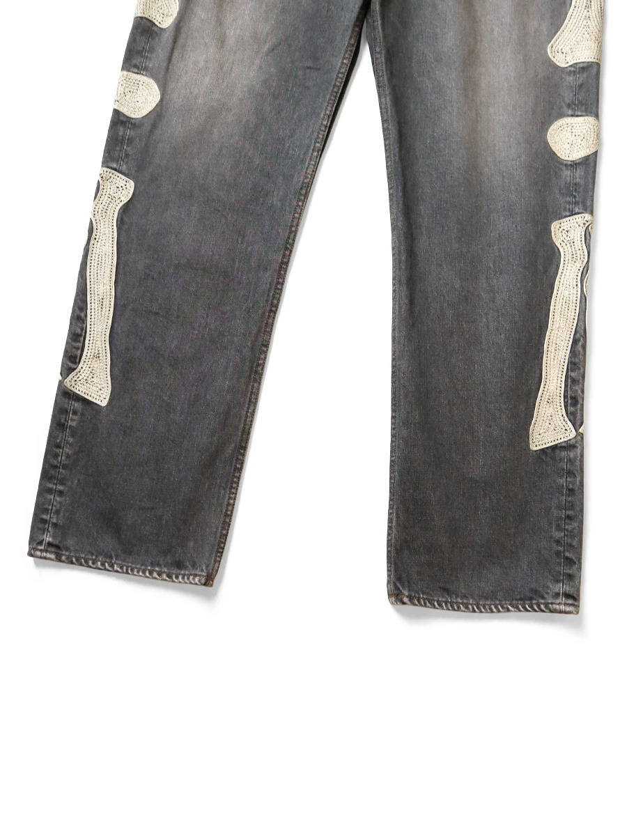 Trendy Harajuku Street Y2K Bone Embroidered Jeans Mens Loose Straight Pants Washed Gray Jeans Mens Summer Hip-hop Trousers 240806