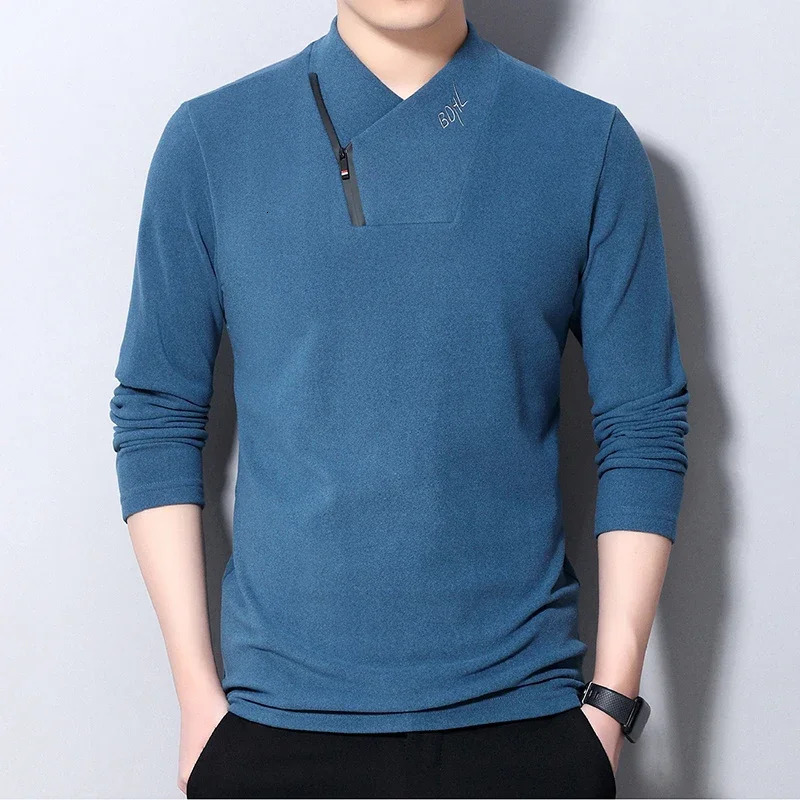 Mens Casual Suede Long Sleeve Polo Shirt Fashion Solid Polo Top 240814