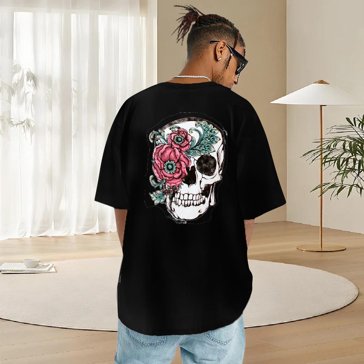 2024 Summer T Shirts Men skull Wear 230g 100% Cotton Casual Daily Wear Brand Floral Print Breathable Short Sleeve Tshirts