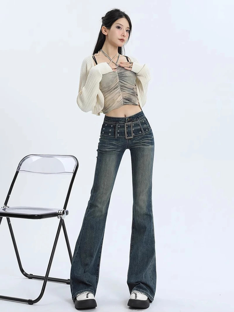 ReddaChic Y2k Belted Womens Flare Jeans Grayu Slim Fit High Waist Denim Bell Bottoms Bootcut Pants Korean 90s Retro Streetwear 240807