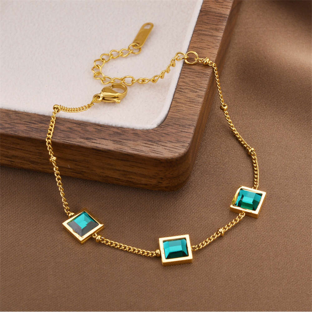 WoMen's or Men's Titanium Steel Bracelet with Diamond Beads, Square Design in 14K Gold Plated, Instagram Trend