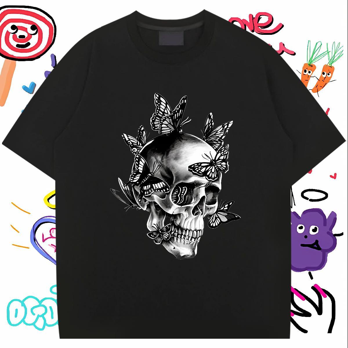 2024 DIY Men T Shirts skull Tops 230g Cotton Street Casual Free Shipping Custom Printed Breathable Crew Neck Men Clothes T-Shirt