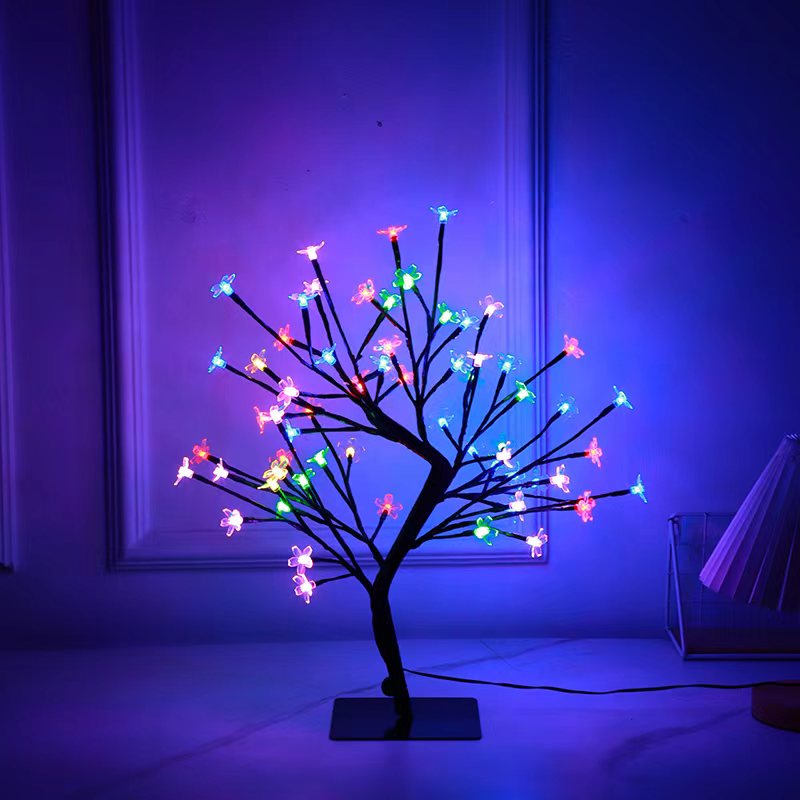 Cross border hot selling simulation cherry blossom remote control color changing plug-in rainbow tree light Christmas decoration small tree light