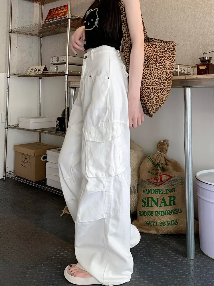 Cyber Y2K Fashion White Pleated Baggy Jeans Cargo Pants Women Clothes Multi Pockets Straight Wide Leg Lady Trousers 240807