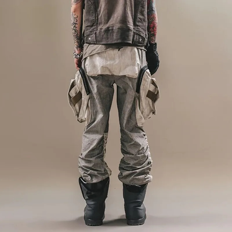 HKSH Mens Dark Doomsday Tactical Multi Pockets Waste Land Overalls Vintage Craft Folding Stacking Tie Foot Cargo Pants HK0119 240806