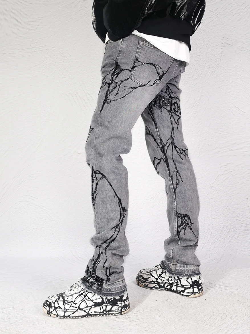 AvantGarde Style Pants Handpainted Drip Glue Brush Wax Heavy Washing Stretch Jeans Men Autumn 240806