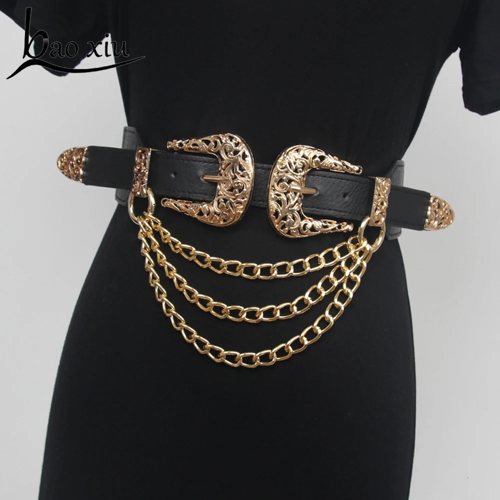 Double Vintage Curving Metal Buckles PU Waist Belt For Women Multi-layer Chain Elastic Corset Dress Waistband240723