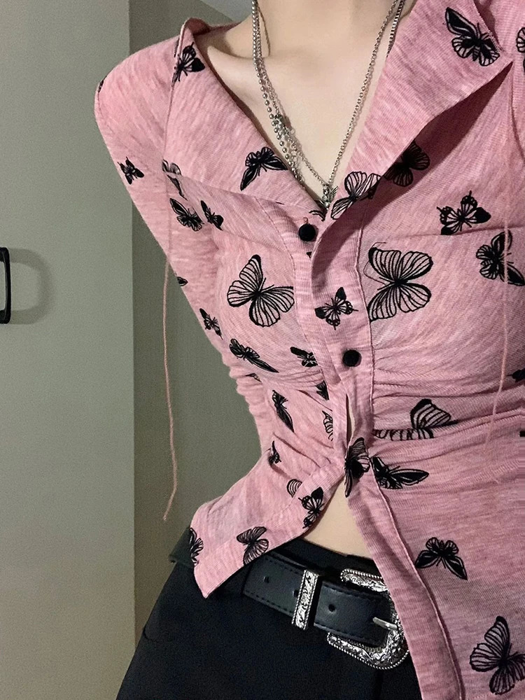 Y2k retro pink shirt womens spring long sleeved V-neck butterfly printed shirt Korean fashion sweet tight irregular crop top 240827