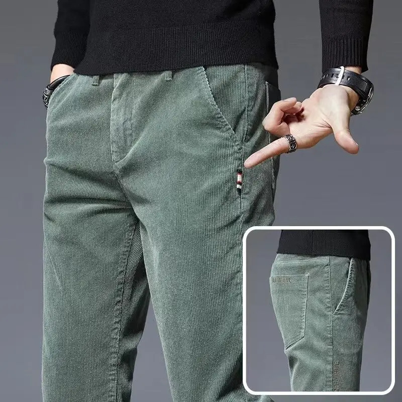 Corduroy Autumn Winter Mens Stretch Casual Slim Straight Velvet Thicken Trousers Fashionable Youth Army Green Pants 240806