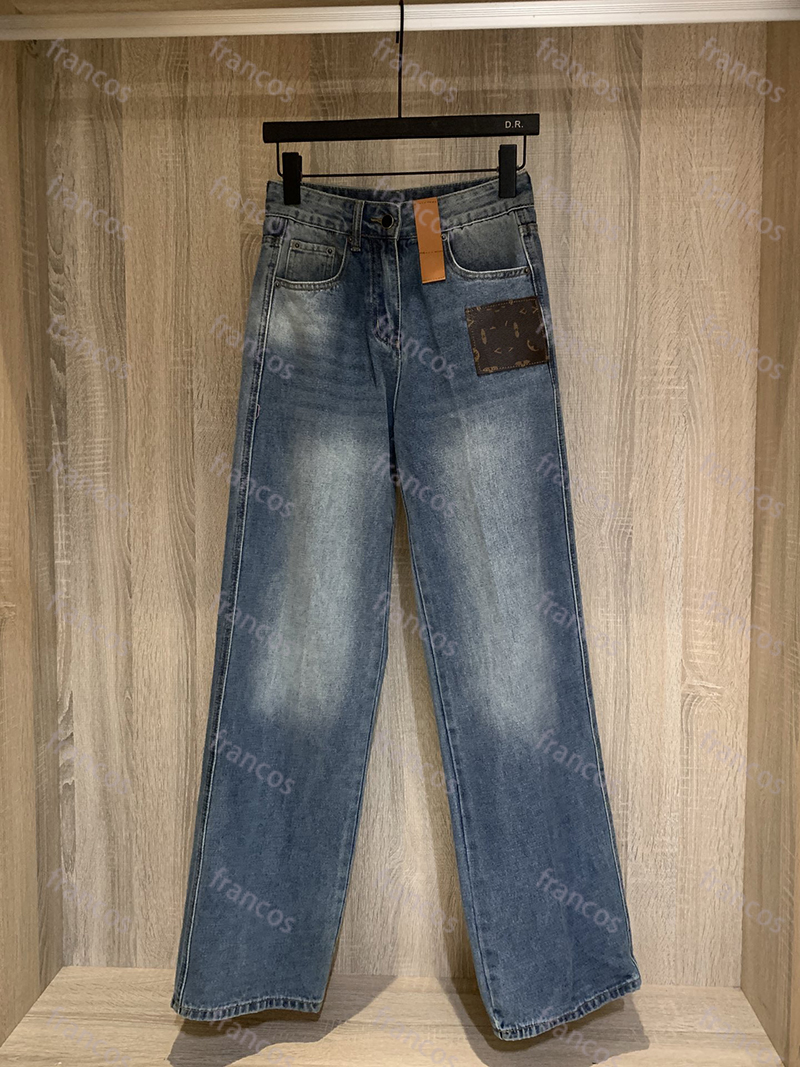 Womens Denim Jeans Designer Retro Pants Classic Long Pant Leather Label Straight Trousers Waisted Female Casual Jean Fashion Thinner Jeans CYD2408071F12
