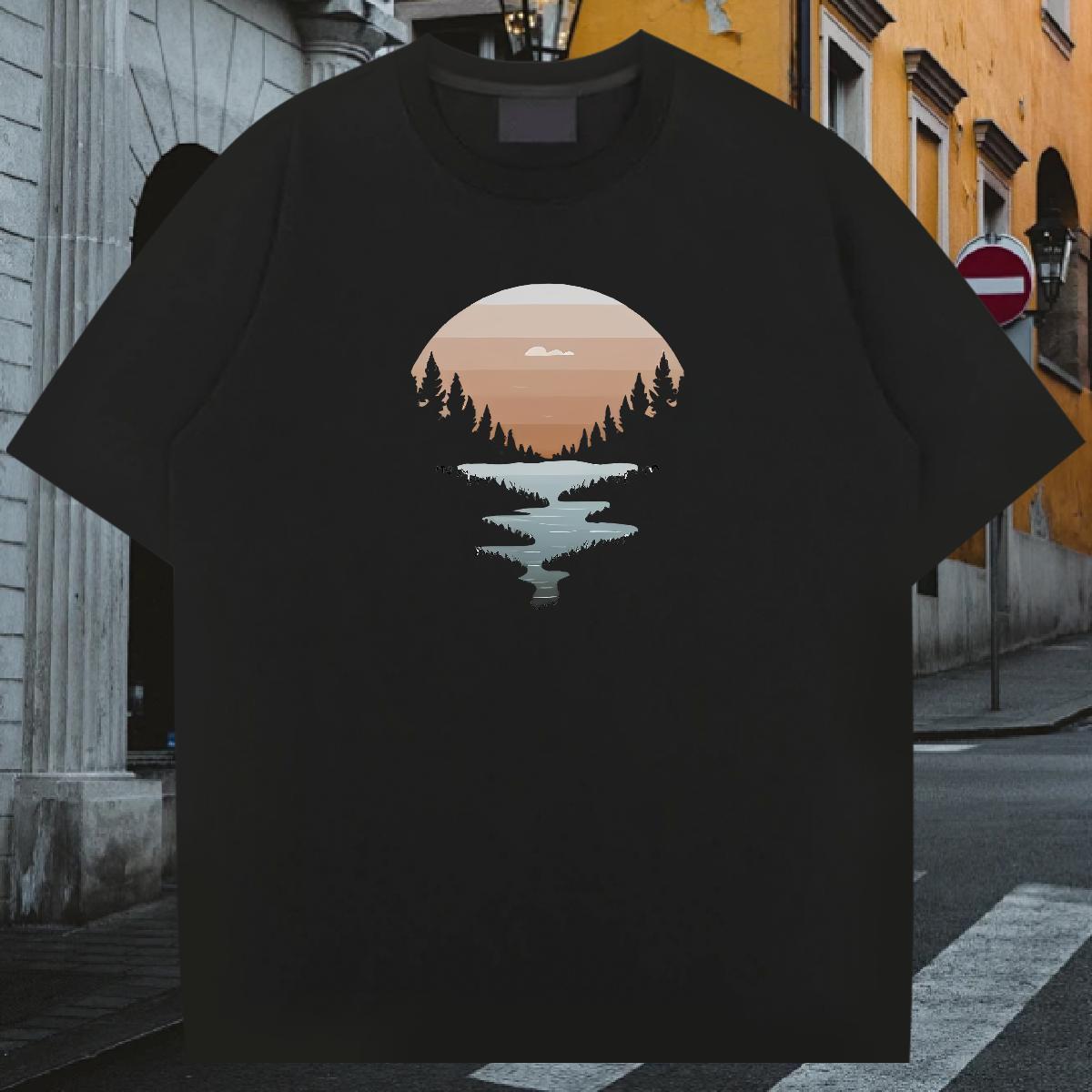 Casual New T-Shirts moon Clothings 230g 100% Cotton Street wear Hip Hop Loose Fit Floral Print Breathable Soft Men Tshirts