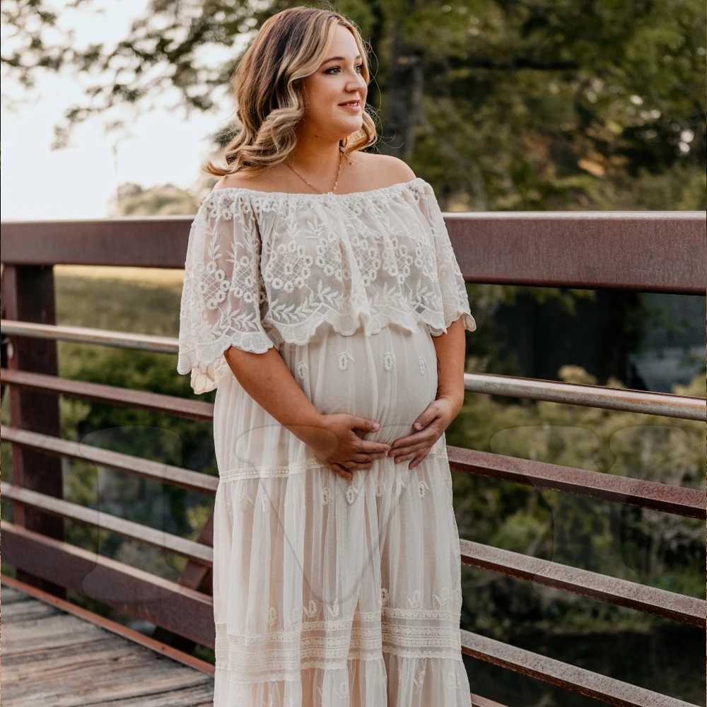 Pregnancy Dress For Baby Showers Ruffled Off Shoulder Lace Embroidered Bohemian Maxi Dress Maternity Photography GownY240806