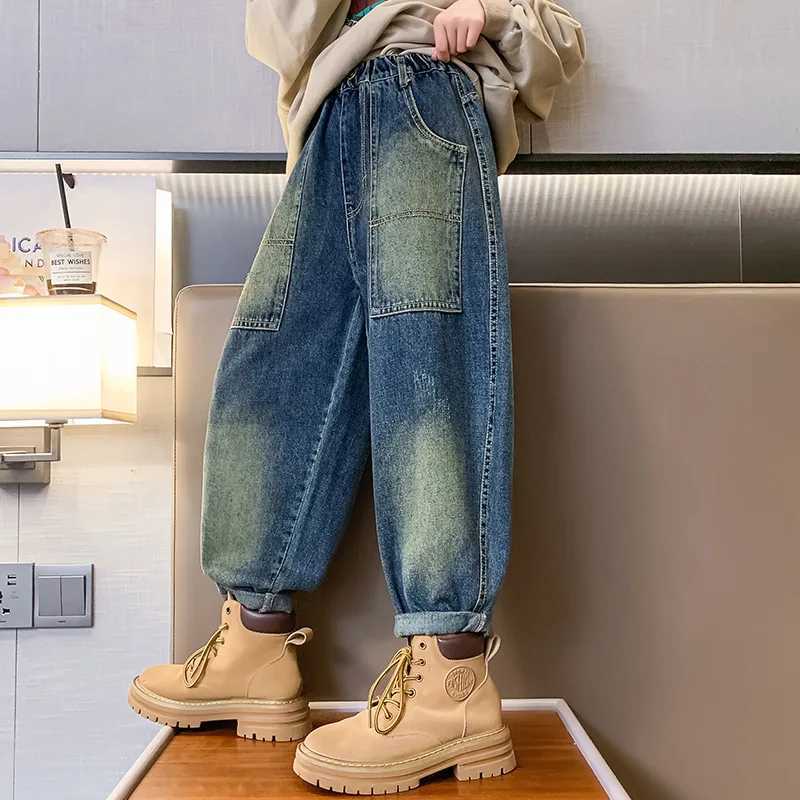 Jeans Teen Girls Jeans New Fashion Spring Fall Soft Denim Harem Pants Letter Print Trousers Kids Elastic Waist Blue Jeans 5 - 16Years