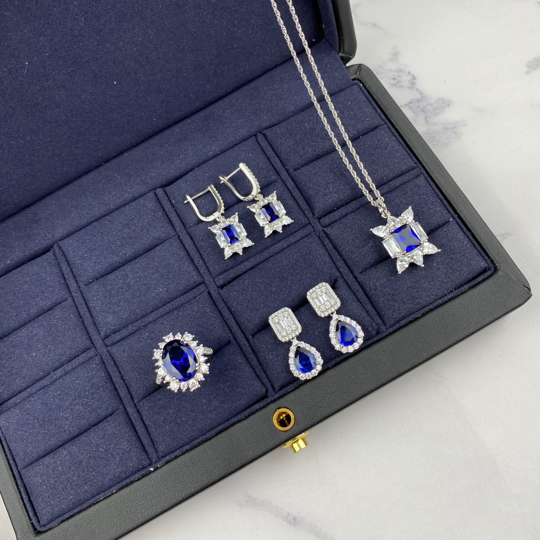ADITA BIG sapphire Necklace Pendant Earring Set Ring silver platinum plated never fade designer High end jewelry top counter quality HW 020