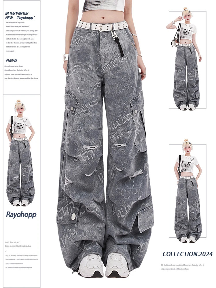 Women Y2k Japanese Streetwear Graffiti Baggy Cargo Denim Pants Long Trousers 2000s Aesthetic Jean Kpop Grunge Goth Dark Academia 240807