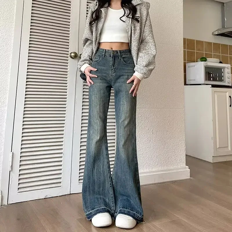 Hong Kong Style Fringe Loose-fit Bootcut Jeans Womens High-waisted Vintage Slimming American Style Bell-bottom Pants 240807