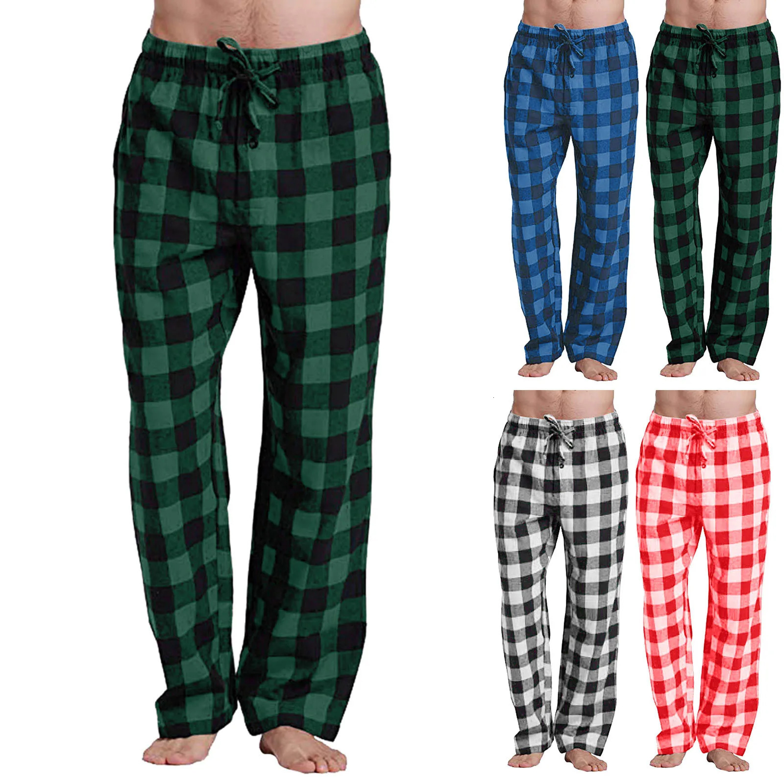 Mens Casual Cotton Pajama Long Pant Soft Comfortable Loose Elastic Waistband Plaid Cozy Sleepwear Home Lounge Fashion Pants 240807