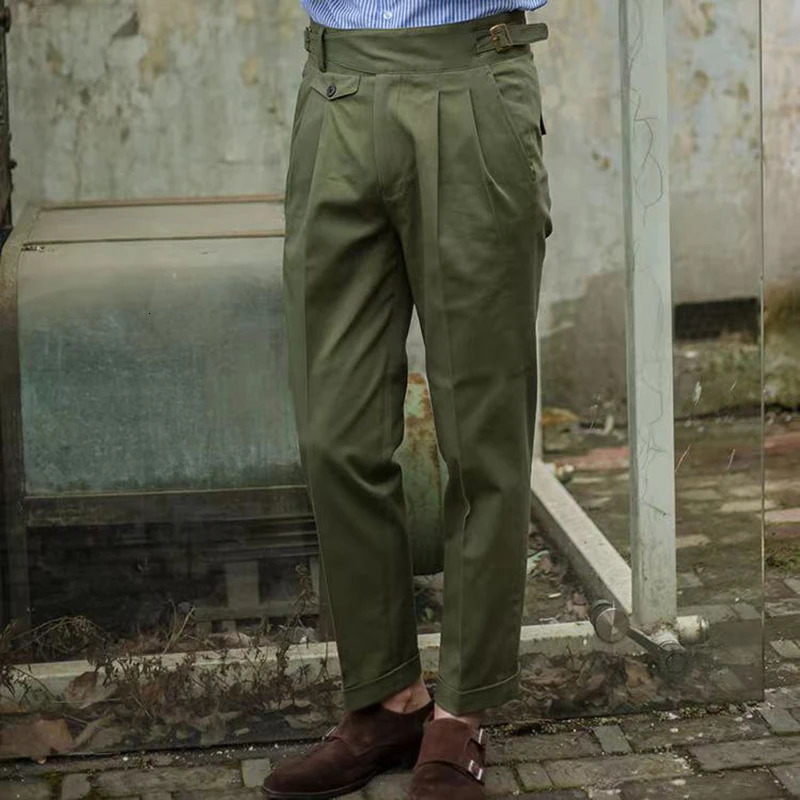 Vintage Green Gurkha Pants For Men Adjustable Waist Buckle Cotton Naples Trousers Fashion Casual Loose AnkleLength Cargo 240806