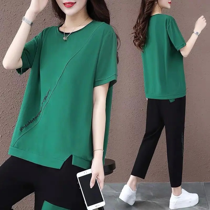 One-Piece/Set Women Summer Cotton T-Shirt Top Two-Piece Casual Sports Suit Female Loose Nine-Point Pants L773 240807