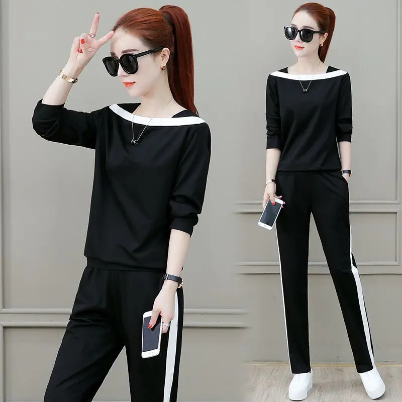 Spring and Autumn Korean Long Sleeve Casual Sports Suit Western Relaxed Slim Pants Elegant Womens Two Piece Set 240807
