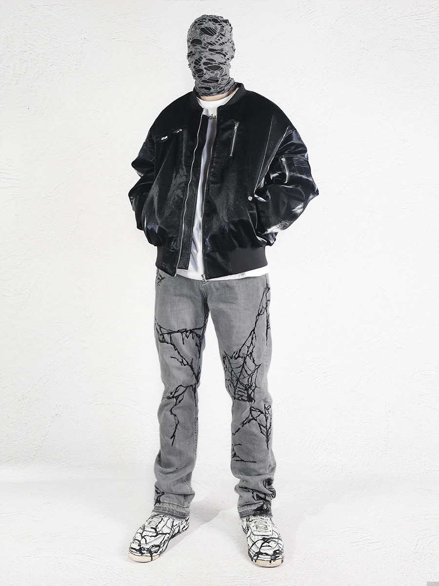 AvantGarde Style Pants Handpainted Drip Glue Brush Wax Heavy Washing Stretch Jeans Men Autumn 240806