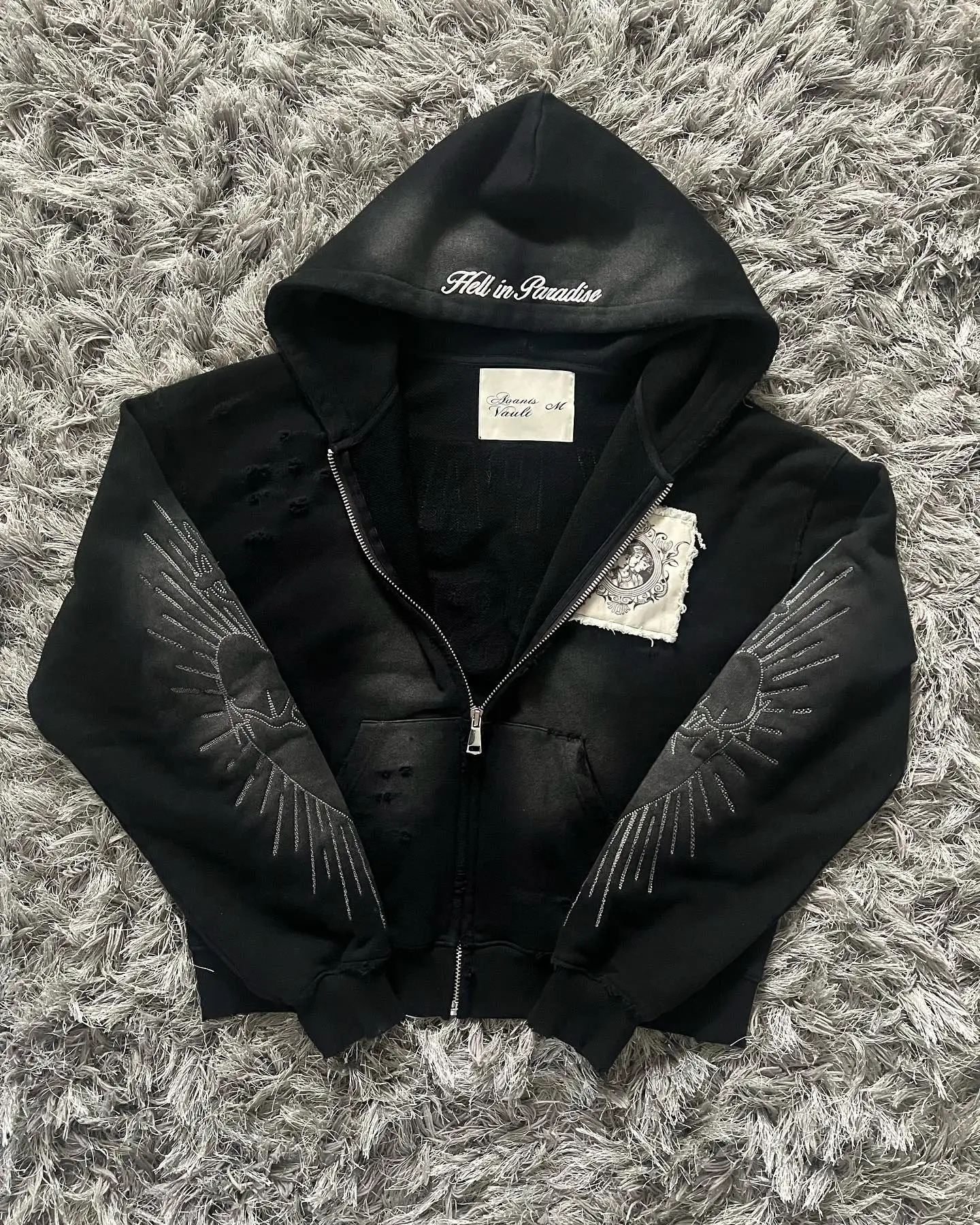 Hell in Heaven Street Retro Gothic Zipper Hoodie Y2k Alphabet Embroidered Patchwork Loose Sweatshirt Mens Wear 240816