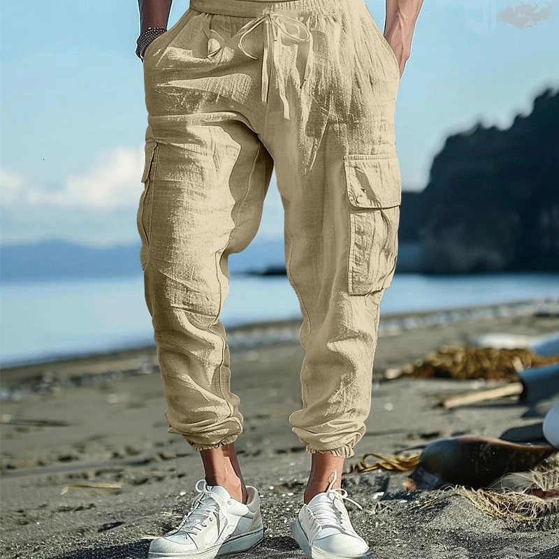 Autumn Casual Mens Cotton Pants Fashion Solid Color Drawstring Loose Cargo For Men Vintage Patchwork Pockets Design 240806