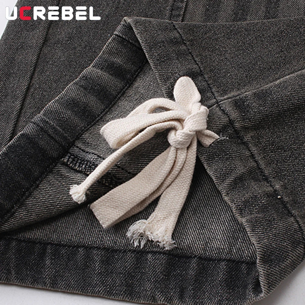Spliced Wide Leg Jeans Mens High Street Washed Distressed Loose Denim Drawstring Jogger Pants Men 240806