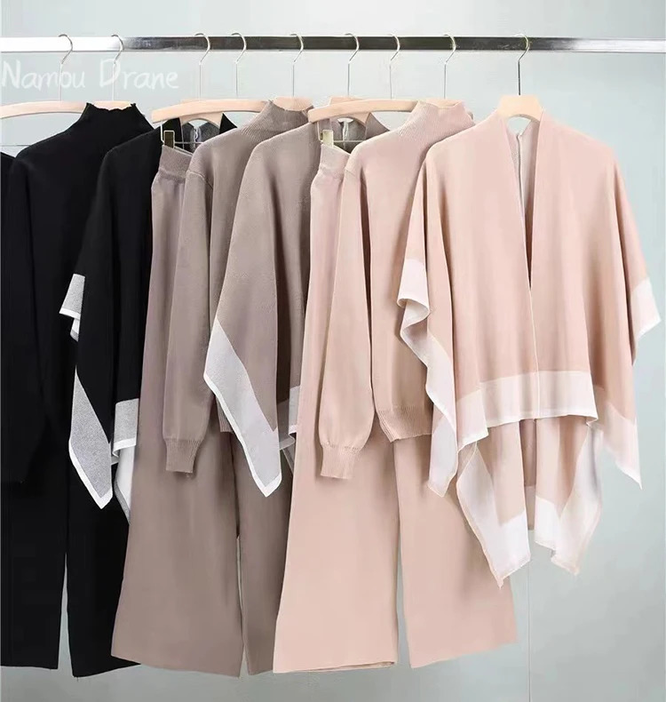 Korean elements Fashion Three-piece Set for Women Autumn Knitted Long-sleeved Sweater Shawl Sports Casual Pants Suit 240807