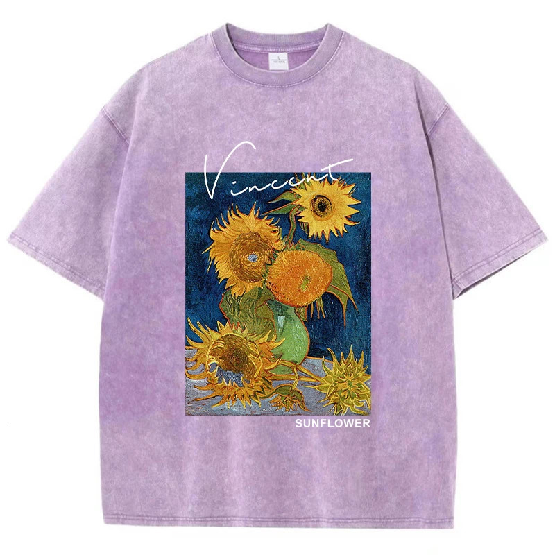 Van Gogh Sunflower Print Printing T-Shirts Man Casual 100% Cotton T-Shirt Breathable Clothing Casual Oversized Tee Shirt 240807