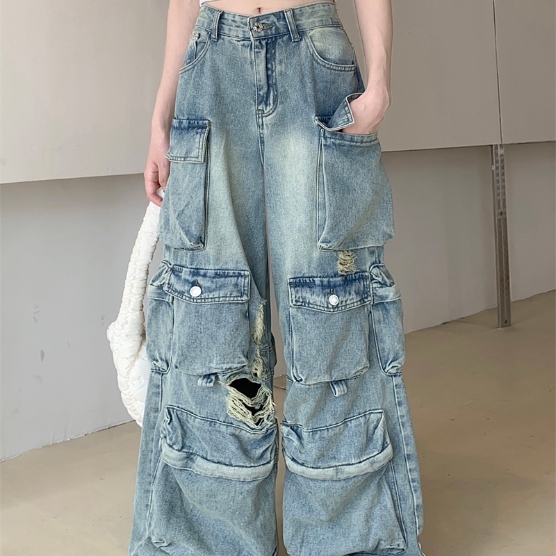 Women Streetwear Baggy 2000s Y2k Japanese American Vintage Hole Denim Pants Harajuku Long Trousers Cargo Jean Loose Vintage Dark 240806