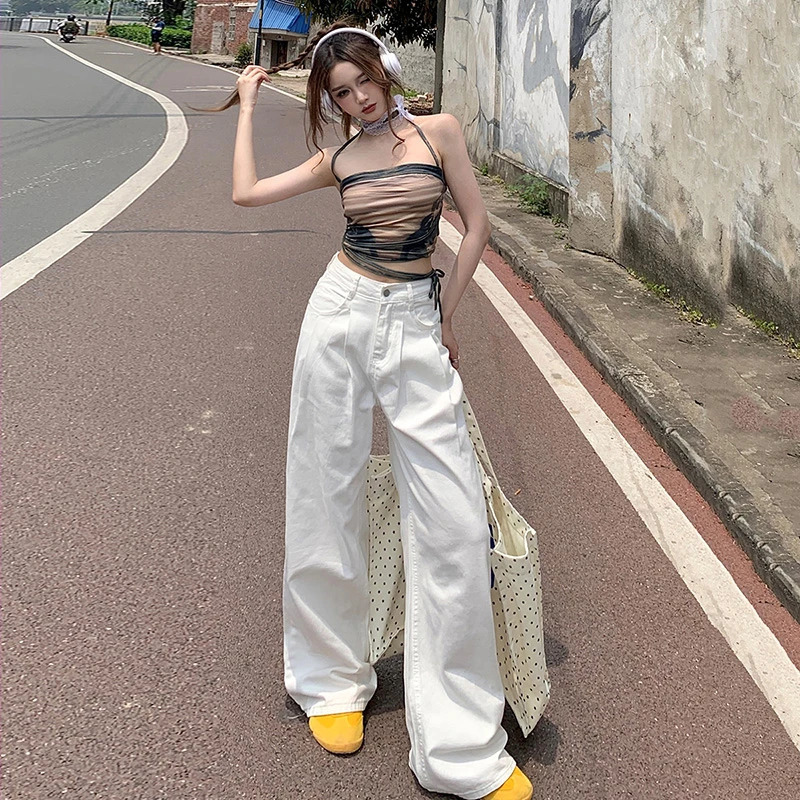 White Pleated High Waisted Straight Leg Denim Jeans For Women Loose A Drooping Feeling. Instagram Solid Fashion Denim Pants 240807