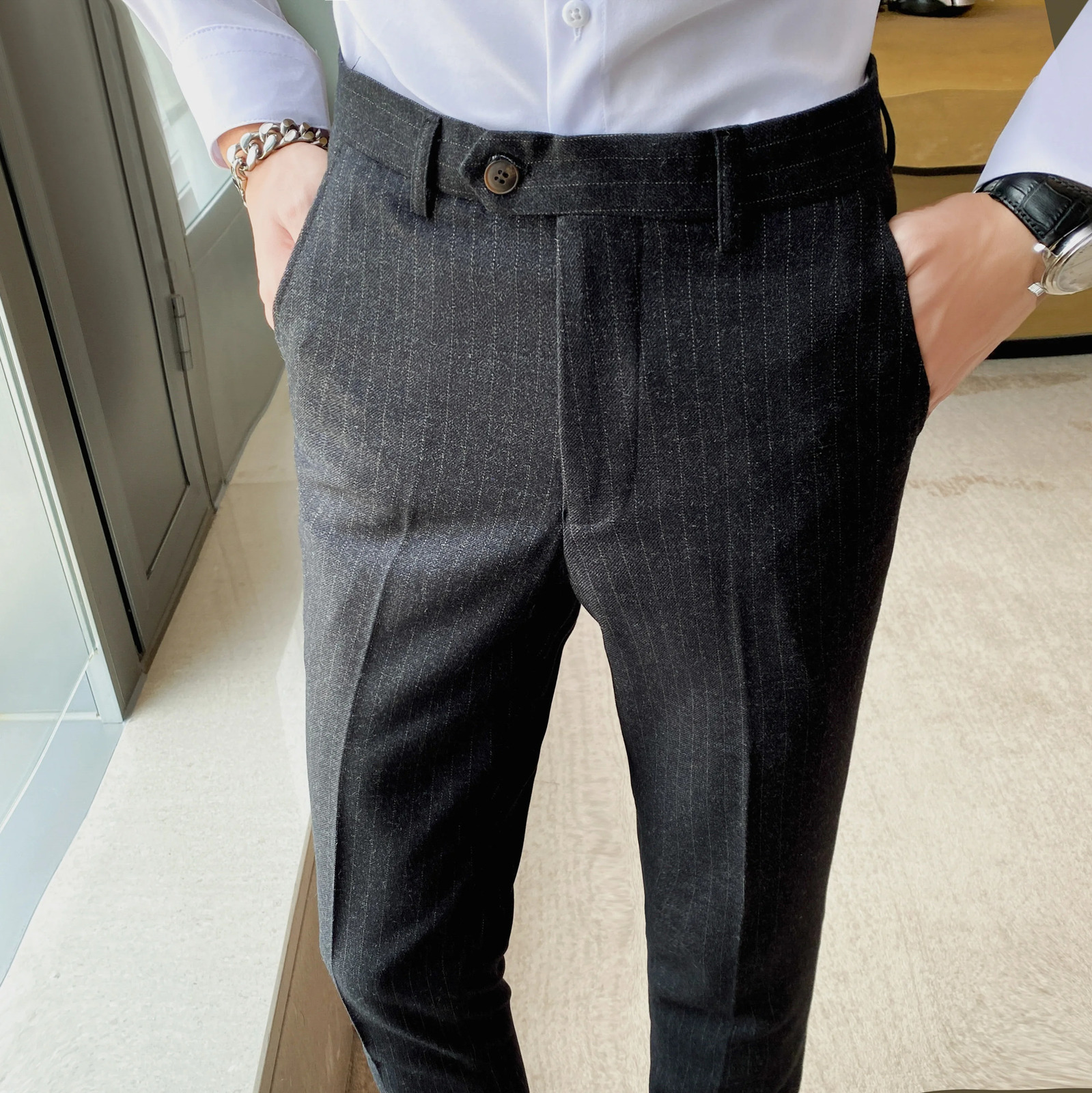 Mens Spring Autumn Fashion Business Casual stripe Suit Trousers Male Solid Color Straight Pants Men Loose Cotton 240806