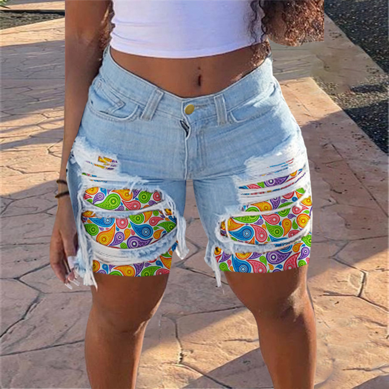 2024 spring/summer new denim with patch fabric, women's personality, street style, perforated straight leg shorts